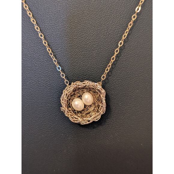 Precious Meshes 925 Sterling Hand Crocheted Wire Pearl Bird Nest Necklace - Picture 2 of 8